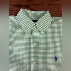 Polo Ralph Lauren Button Up Shirt Mens Medium Green White Check Stretch Pony